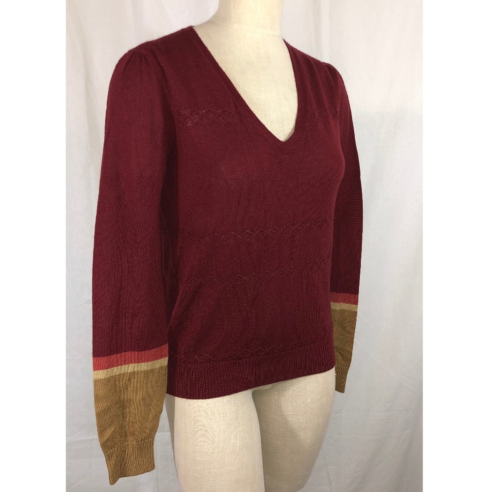 J Crew Red Gold Medium V Neck Wool Sweater